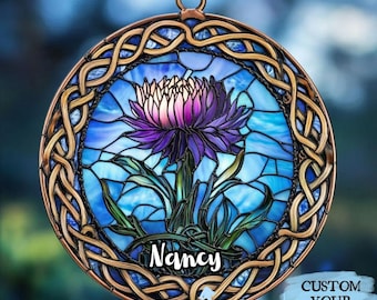 Celtic Thistle ACRYLIC Faux Stained Glass Suncatcher – Scottish Floral Window Hanging, Symbolic Nature Gift, Purple Glass Decor For Her