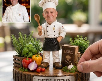 Personalized Chef Bobblehead Figurine, Custom Face Kitchen Decor, Unique Gift For Cooks, Rustic Wooden Base Culinary Art Statue