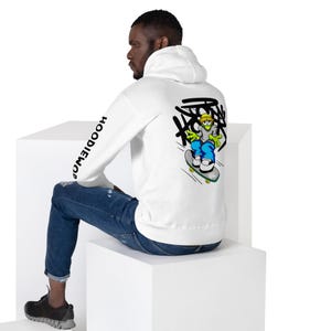 White Oversized Hoodie - Premium Streetwear with Black Sleeve Print, Unisex Graphic Pullover