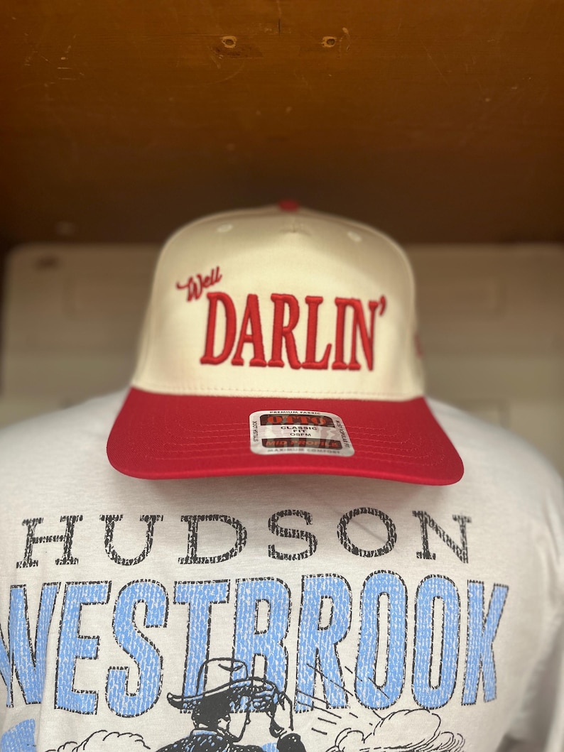 Well Darlin’ Cap – Hudson Westbrook, Otto 5 Panel Cap, Trucker Hat, Puff Embroidery, Sold at Buc-ee’s, Baseball Cap, Red/Natural Cap