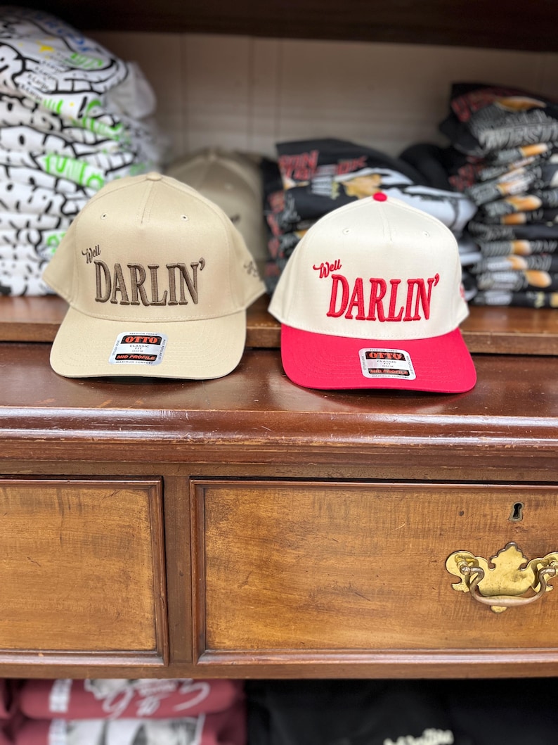 Well Darlin’ Cap – Hudson Westbrook, Otto 5 Panel Cap, Trucker Hat, Puff Embroidery, Sold at Buc-ee’s, Baseball Cap, Red/Natural Cap