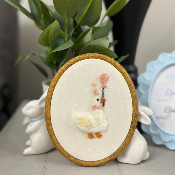 Needle felted heirloom announcement or birthday goose “one silly goose” small frame