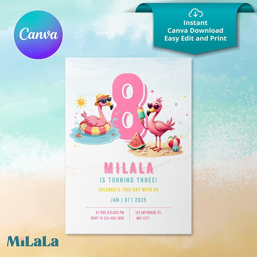 Flamingo Beach Party Invitation | Pink Pastel Summer Canva Template - Etsy