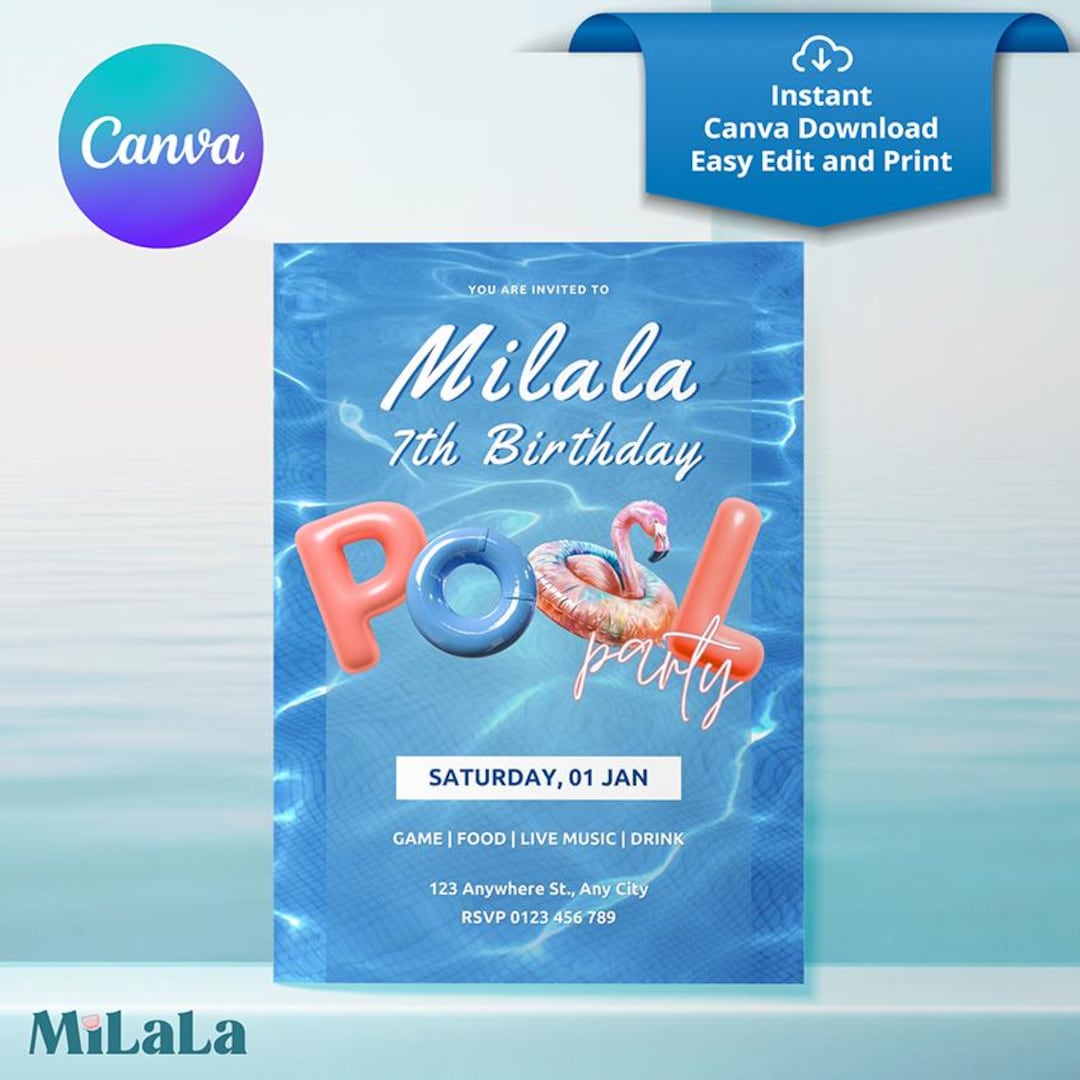 Modern Pool Party Invitation: Editable Canva Template, Pastel Pink ...
