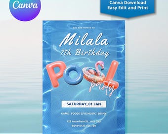 Può includere: Invito a una festa in piscina blu e bianca con il testo "Milala 7th Birthday". Il design include giocattoli gonfiabili per piscina che scrivono "Pool Party". È un download di Canva.