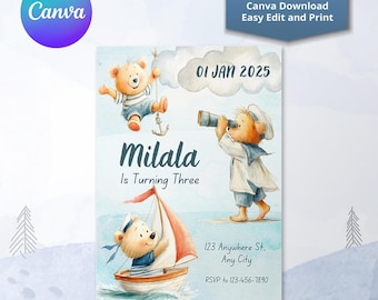 Sailor Bear Birthday Invitation | Nautical Blue Ocean Canva Template