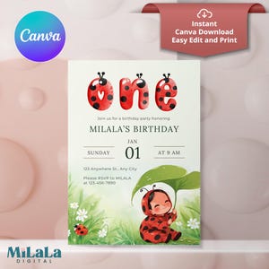 Ladybug First Birthday Invitation | Editable Canva Template | Cute Bug Party Card | Kid in Costume | Printable Digital Download
