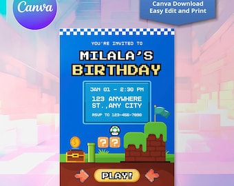 Invito di compleanno Super Mario / Modello Canva per il mondo di gioco
