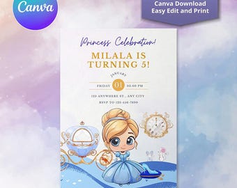 Puede incluir: Una invitación de cumpleaños con temática de princesa con una ilustración de dibujos animados de una princesa con un vestido azul. La invitación incluye el texto "Princess Celebration! Milala is Turning 5!" y detalles del evento.