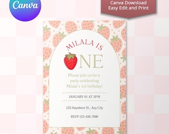 Convite de Primeiro Aniversário de Morango | Convite para Festa Doce de Morangos para Meninas | Download Digital Editável