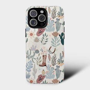 Capa de celular com estampa floral do deserto | Cowgirl MagSafe para iPhone 14, 15, 16 Pro, Pro Max e Plus | Capa de celular com chapéu e botas de cacto