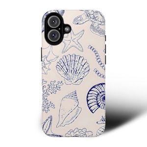 Nautical Seashell Phone Case  Ocean Sketch Pattern Cover for iPhone 16 15 14 13 Pro Max, Samsung S23 S24 S25 Ultra, Pixel 6 7 8 9 Pro