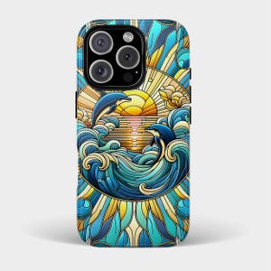 Ocean Vibe Stained Glass Effect Phone Case For iPhone 16 15 14 Pro, Pro Max Samsung S25 S24 S23 S22 S21 Pixel 9 8 7 6 Dolphin Sunset Cover