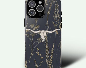 Schädel Wildblume Western Handytasche Boho Kuh-Schädel-Abdeckung für iPhone 16 15 14 13 Pro Max, Samsung S25 S24 S23 Ultra, Google Pixel 9 8 Pro