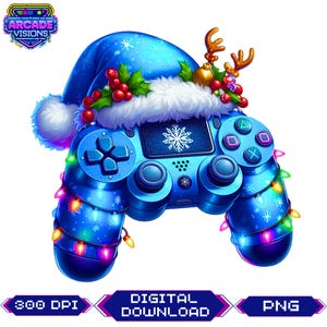 May include: A blue video game controller decorated for Christmas with a Santa hat, reindeer antlers, holly, and string lights. The controller has a snowflake design and the text "DIGITAL DOWNLOAD". The Arcade Visions logo is in the upper left corner.