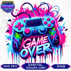 May include: A blue and pink video game controller with the words "GAME OVER" in a colorful, dripping font. The controller is surrounded by colorful paint splatters.