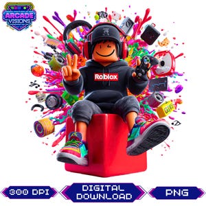 Könnte beinhalten: Eine digitale Illustration eines Roblox-Charakters mit einem schwarzen Hoodie mit Roblox-Logo, Kopfhörern und einem Gamecontroller. Die Figur sitzt auf einem roten Würfel, umgeben von bunten Farbspritzern und Gaming-Zubehör. Der Text "Arcade Visions", "Digital Download", "300 DPI" und "PNG" ist enthalten.