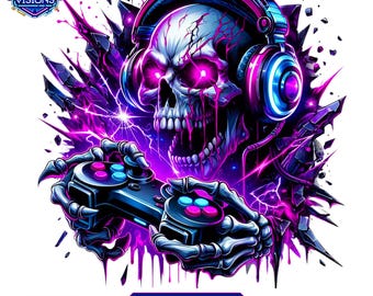 Neon Gamer Skull PNG, Colorful Gaming Design (Digital Download)