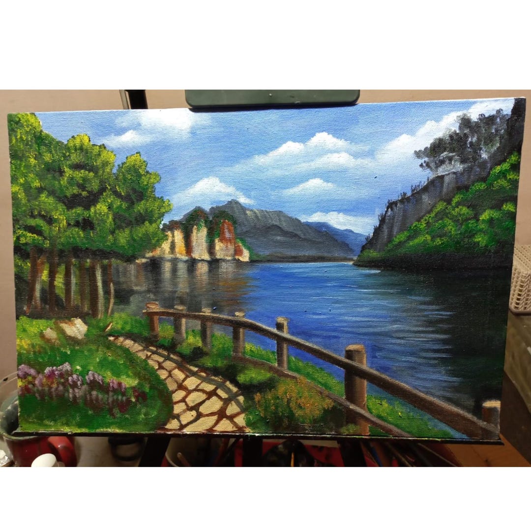 12x18 Original Landscape Oil Painting on Canvas | Mountain & Lake ...