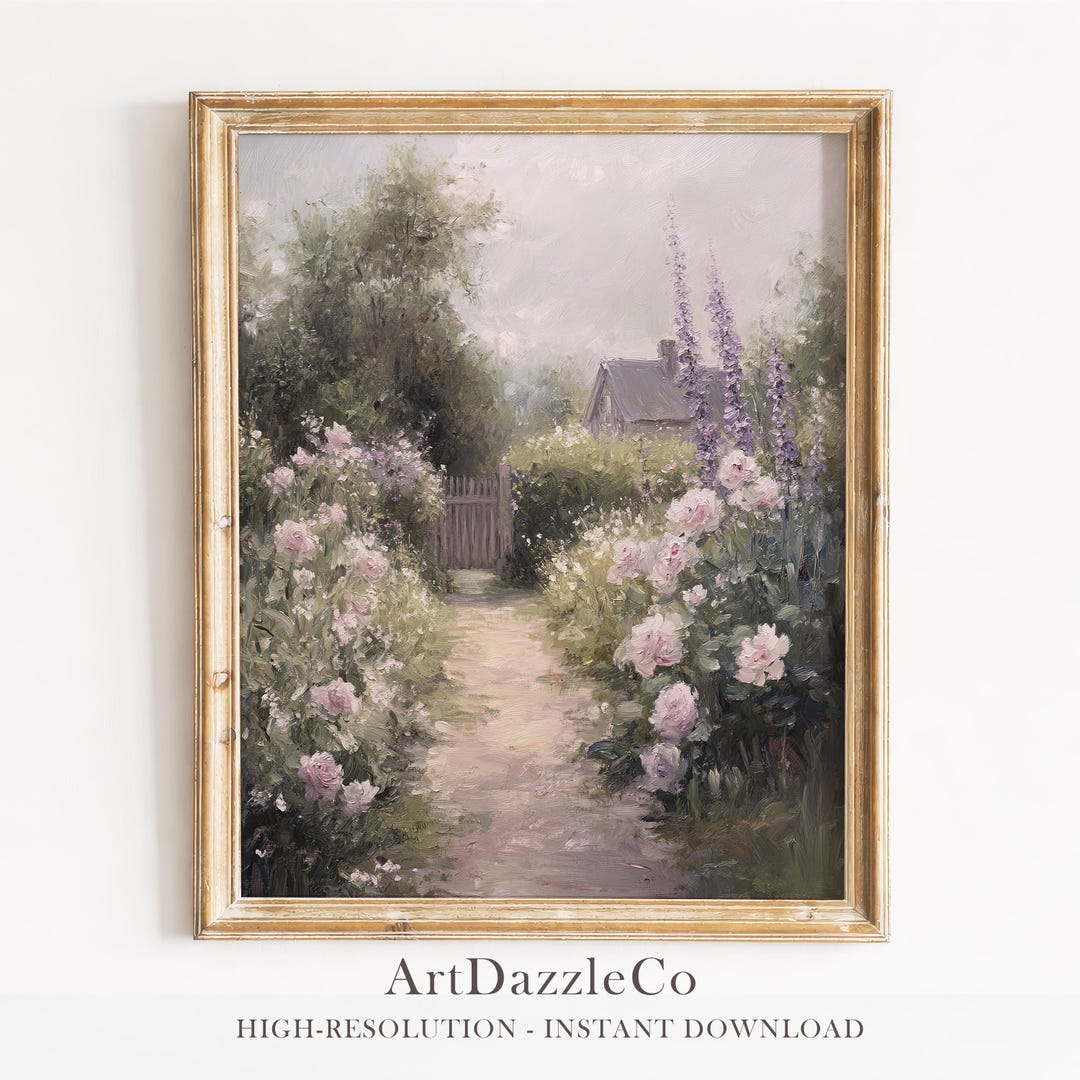 Printable Spring Cottage Garden Wall Art | Pastel Floral Path Painting ...