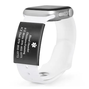 Grawerowana etykieta medyczna do paska Apple Watch - hipoalergiczna etykieta z alertem zdrowotnym i danymi kontaktowymi do kontaktu w nagłych wypadkach oraz informacjami o alergiach/średnicy