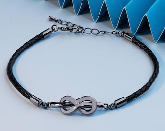 Custom Engraved Leather Infinity Bracelet for Men - Personalized Name Bracelet Gift for Husband Dad Boyfriend - Birthday Fathers Day Gift