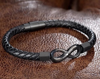 Personalized Infinity Leather Bracelet for Him | Custom Engraved Name Gift for Husband, Boyfriend, Dad - Birthday, Fathers Day, Christmas