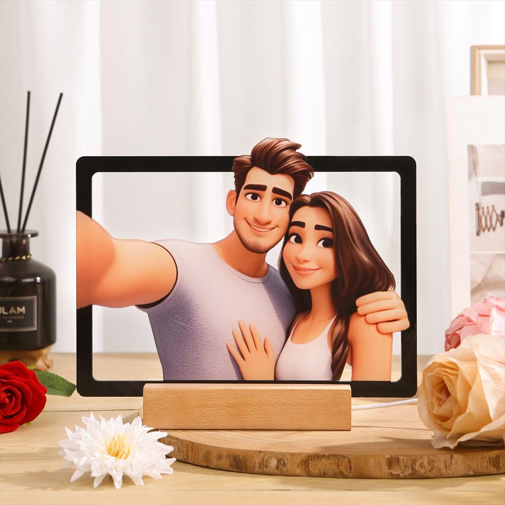 Custom Pixar Art Portrait Night Light, Cartoon Acrylic Frame with LED, Personalized Couple Gift for Anniversary Birthday Keepsake