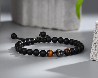 Custom Memorial Bracelet with Photo Projection - Adjustable Obsidian Beaded Jewelry for Mens Anniversary Gift for Him, Fathers day Gift