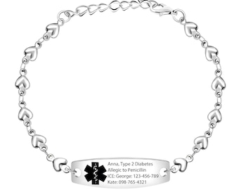 Personalized Medical Alert Bracelet for Women,Beaded Medical ID Bracelet,Custom Engraved Emergency Bracelet,Gift for Allergies,and Diabetes