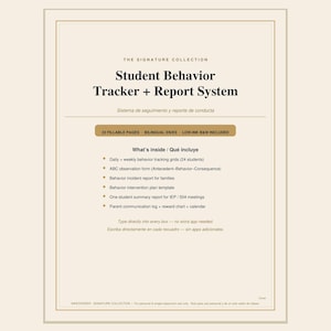 May include: A digital document titled Student Behavior Tracker + Report System. It features 22 fillable pages, bilingual English and Spanish content, and low-ink black and white options. Includes tracking grids, ABC forms, and logs.