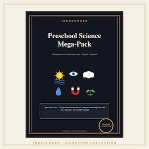 Może przedstawiać: Ciemnoniebieski zestaw edukacyjny Preschool Science Mega-Pack z tekstem 'INKEDORDER', 'Preschool Science Mega-Pack' oraz '105 experiment & discovery cards - English + Spanish'. Zawiera ikony słońca, oka, chmury, wody, magnesu i rośliny.