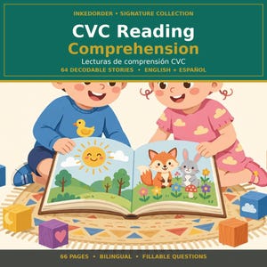 CVC Reading Comprehension Worksheets, 64 Decodable Stories Bilingual English Spanish, Fillable Questions, Kindergarten 1st Grade
