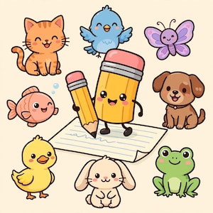 Pode incluir: Uma coleção de adesivos de desenho animado com um lápis amarelo central com um rosto escrevendo em um papel, cercado por um gato laranja, um pássaro azul, uma borboleta roxa, um peixe rosa, um cachorro marrom, um pintinho amarelo, um coelho e um sapo verde.
