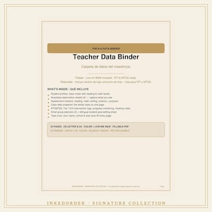 Könnte beinhalten: Ein digitales Teacher Data Binder Dokument mit einer beigen Kopfzeile mit dem Text THE K-6 DATA BINDER und Teacher Data Binder. Die Seite listet Inhalte wie Schülerprofile, Bewertungstracker und RTI/MTSS-Protokolle im ausfüllbaren PDF-Format.