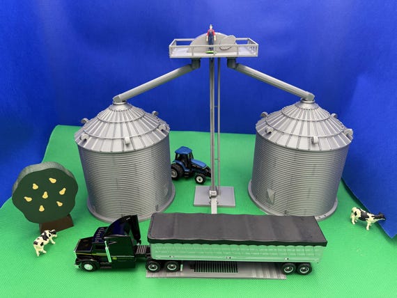 Grain Bin Playtime Bundle: HO & 1/64 Scale Model Farm Toy