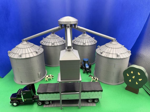 Toy Grain Bin Playset | 4 Bins, Overhead Loadout, HO and 1:64 Scale