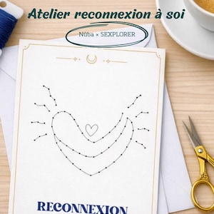 Peut inclure: Une carte blanche avec un motif en forme de cœur fait de points et de lignes, avec le mot "RECONNEXION" en bleu marine. La carte fait partie d'un atelier appelé "Atelier reconnexion à soi" avec le texte "Nüba x SEXPLORER". Ciseaux dorés et une tasse de café sont visibles.