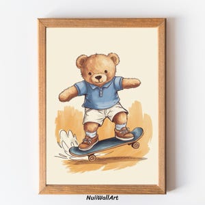 Vintage Teddy Bear Nursery Skateboard Wall Art, Watercolor Illustrator, Whimsical Animal Print, Decor for Kids Rooms, Children Play Decor