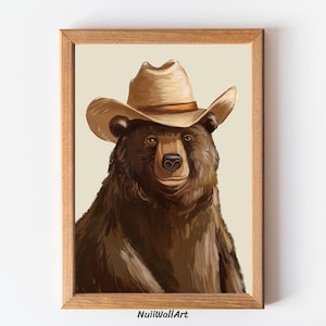 Bear Cowboy Print, Brown Western Nursery Printable Art, Animal Neutral Boy Room Wall Art, Cowboy Hat, Nursery Wall Art, Digital Download