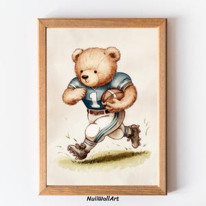 Watercolor Teddy Bear Vintage Football Wall Art, Nostalgic Bear Playing Football, Decor Kids Room, Nursery Sports, Sports Fans, Football Art