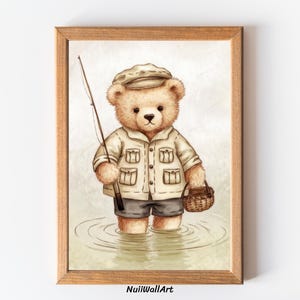 Vinage Teddy Bear Fishing Nursery Wall Art Decor,Babyshower Gift Boy, Fisherman Kids Room, Charming Bear Fishing Art Nursery Print Kids Room