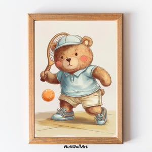 Vintage Tennis Teddy Bear Wall Art, Watercolor Illustration of a Bear Playing Tennis, Retro Decor Kids Room, Nursery Decor Sports Fan Gifted