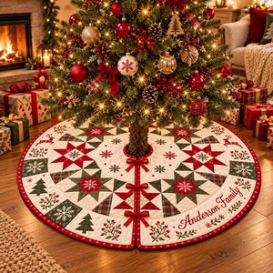 May include: A round quilted Christmas tree skirt featuring a patchwork design of red and green stars, snowflakes, and pine trees on a cream background. The skirt includes red ribbon ties and the embroidered text Anderson Family in red script.
