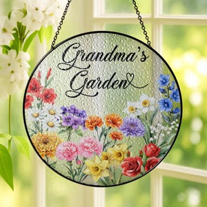 Custom Family Birth Flowers Glass Suncatcher, Mother&#39;s Day Gift, Grandma&#39;s Garden Decor, Flower Glass Art, Botanical Art, Nana&#39;s Blessings