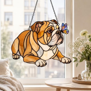 English Bulldog with Butterfly Acrylic Suncatcher, Pet Memorial, Gift for Dog Lovers