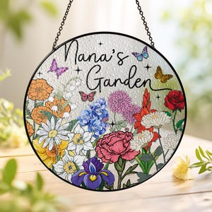 Custom Family Birth Flowers Glass Suncatcher, Mother&#39;s Day Gift, Grandma&#39;s Garden Decor, Flower Glass Art, Botanical Art, Nana&#39;s Blessings