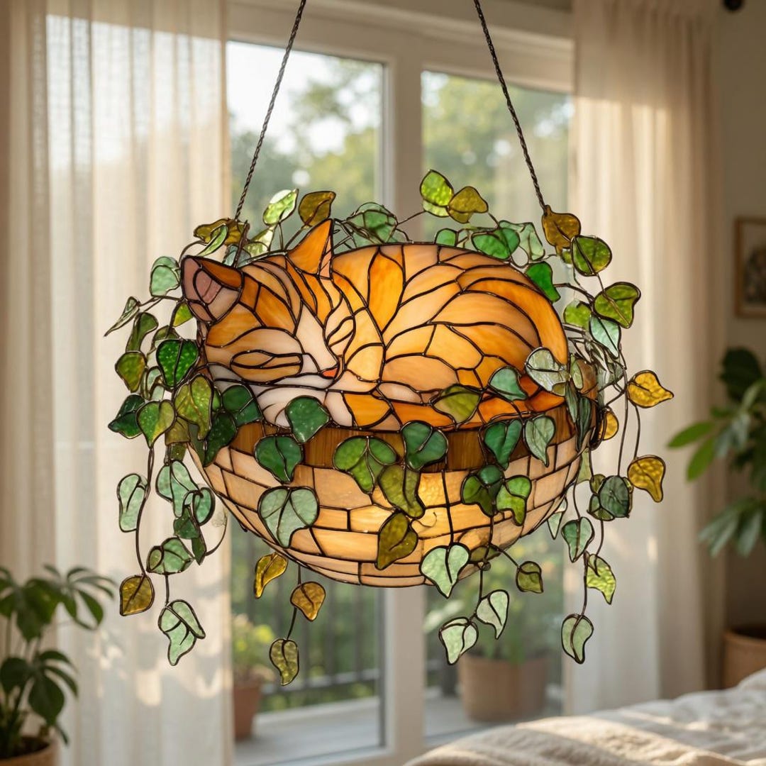 Orange Cat Monstera Acrylic Suncatcher, Animal Lover Window Hanging - Etsy