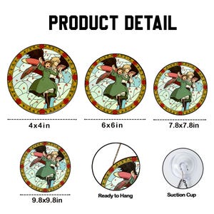 May include: Circular stained glass art featuring a cartoon scene with characters in green dresses and blonde hair. The art is available in various sizes, including 4x4 inches, 6x6 inches, 7.8x7.8 inches, and 9.8x9.8 inches. The text "PRODUCT DETAIL" is at the top.