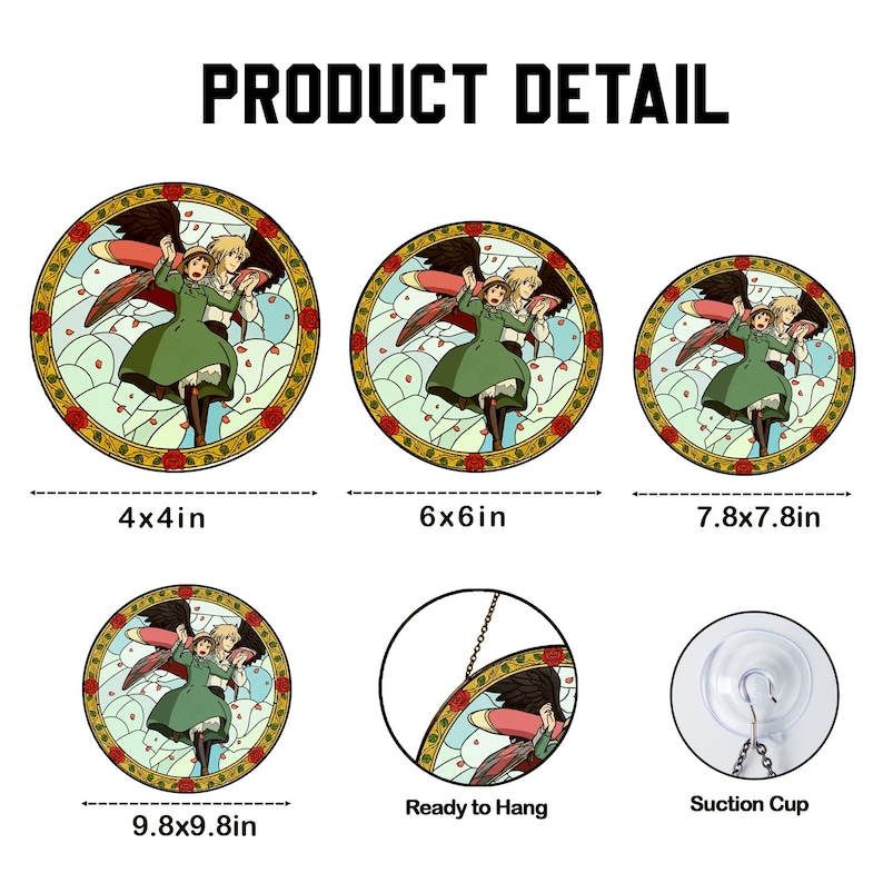 May include: Circular stained glass art featuring a cartoon scene with characters in green dresses and blonde hair. The art is available in various sizes, including 4x4 inches, 6x6 inches, 7.8x7.8 inches, and 9.8x9.8 inches. The text "PRODUCT DETAIL" is at the top.